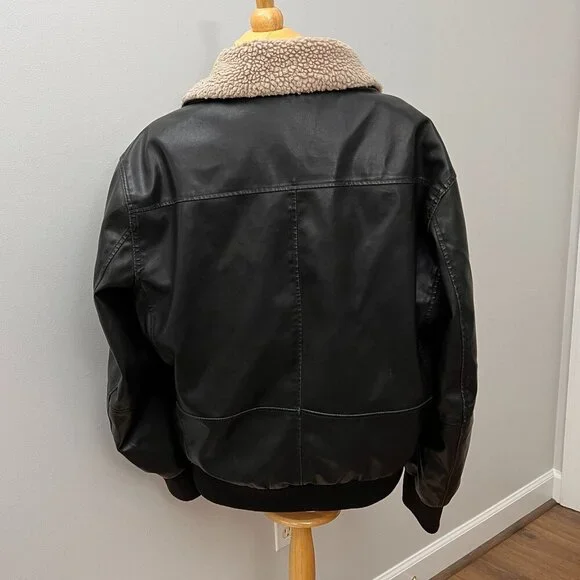 Chaps Bomber Aviator Faux LeatherJacket Detachable Curly Shearling Collar Sz L - Picture 3 of 10